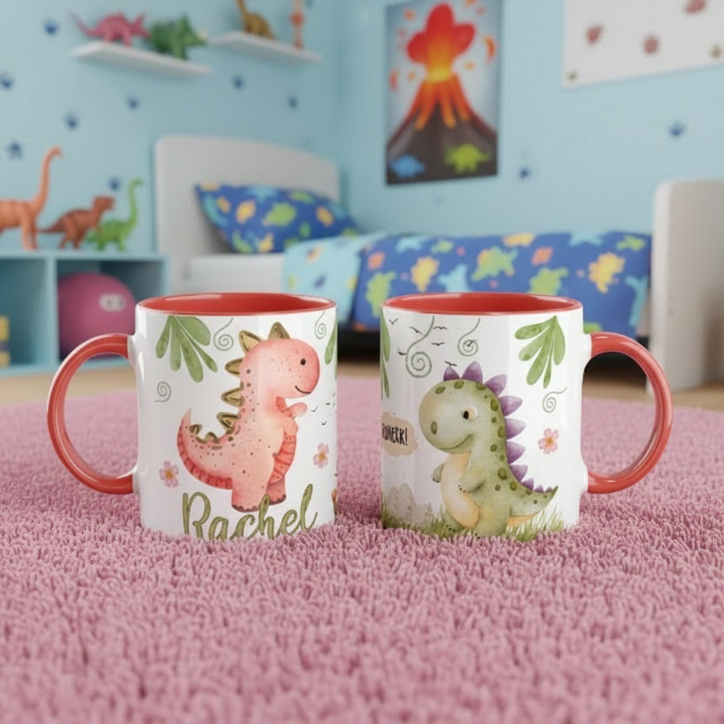 Cadeau enfant dinosaure personnalisables présentés face à face sur tapis rose