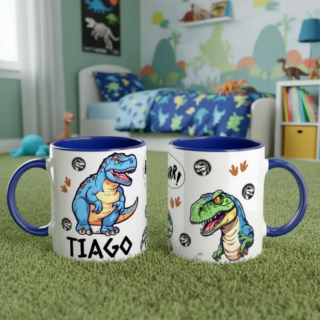Mug enfant dinosaure personnalisé posé sur tapis vert dans une chambre d’enfant avec décoration sur le thème des dinosaures