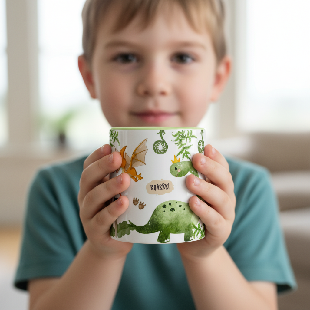 Mug pour enfant personnalisé avec illustration de dinosaure ludique, tasse enfant thème dinosaures tenue par un enfant