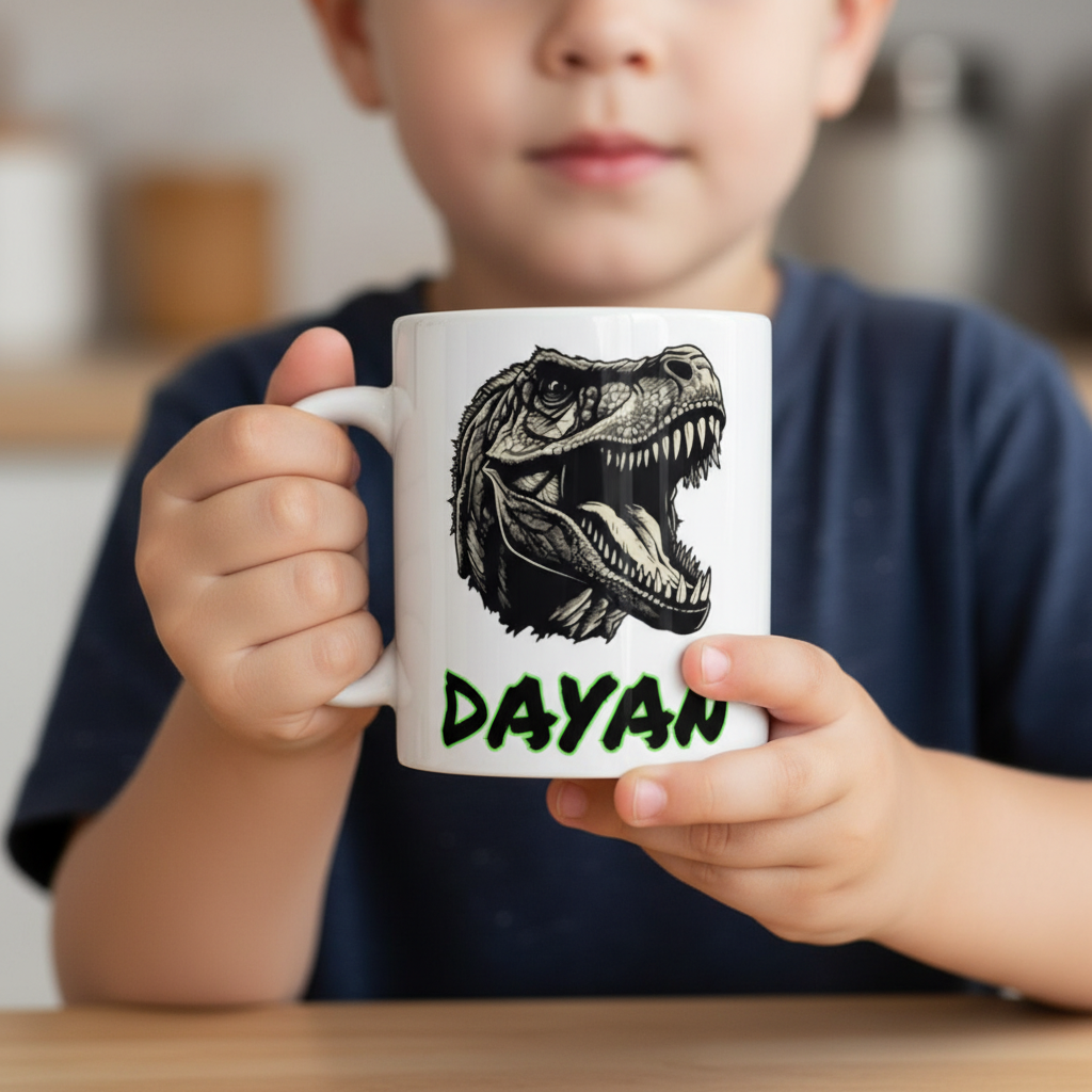 mug enfant personnalisé avec illustration de dinosaure tenu par un enfant