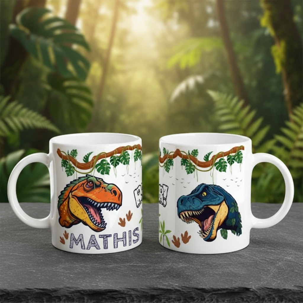 mug enfant personnalisé avec illustration dinosaure colorée en céramique