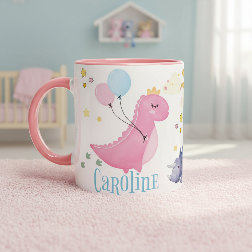 Mug enfant personnalisé thème dinosaure posés dans une chambre enfant.
