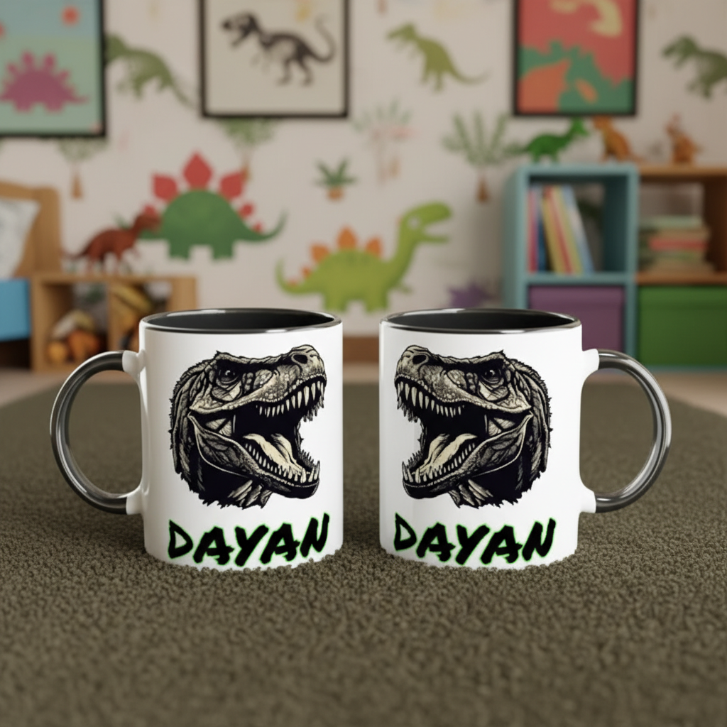 mug enfant dinosaure personnalisé avec illustration T-Rex noire dans une chambre enfant