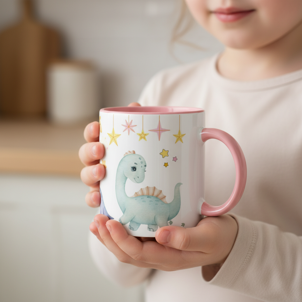 enfant tenant un mug personnalisé dinosaure aux couleurs pastel