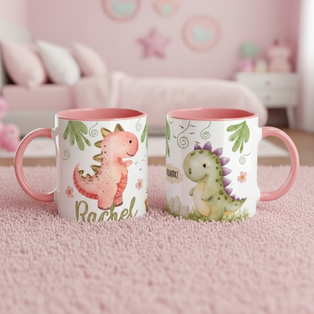 Mug enfant dinosaure avec illustration douce double face posé sur tapis rose dans une chambre enfant