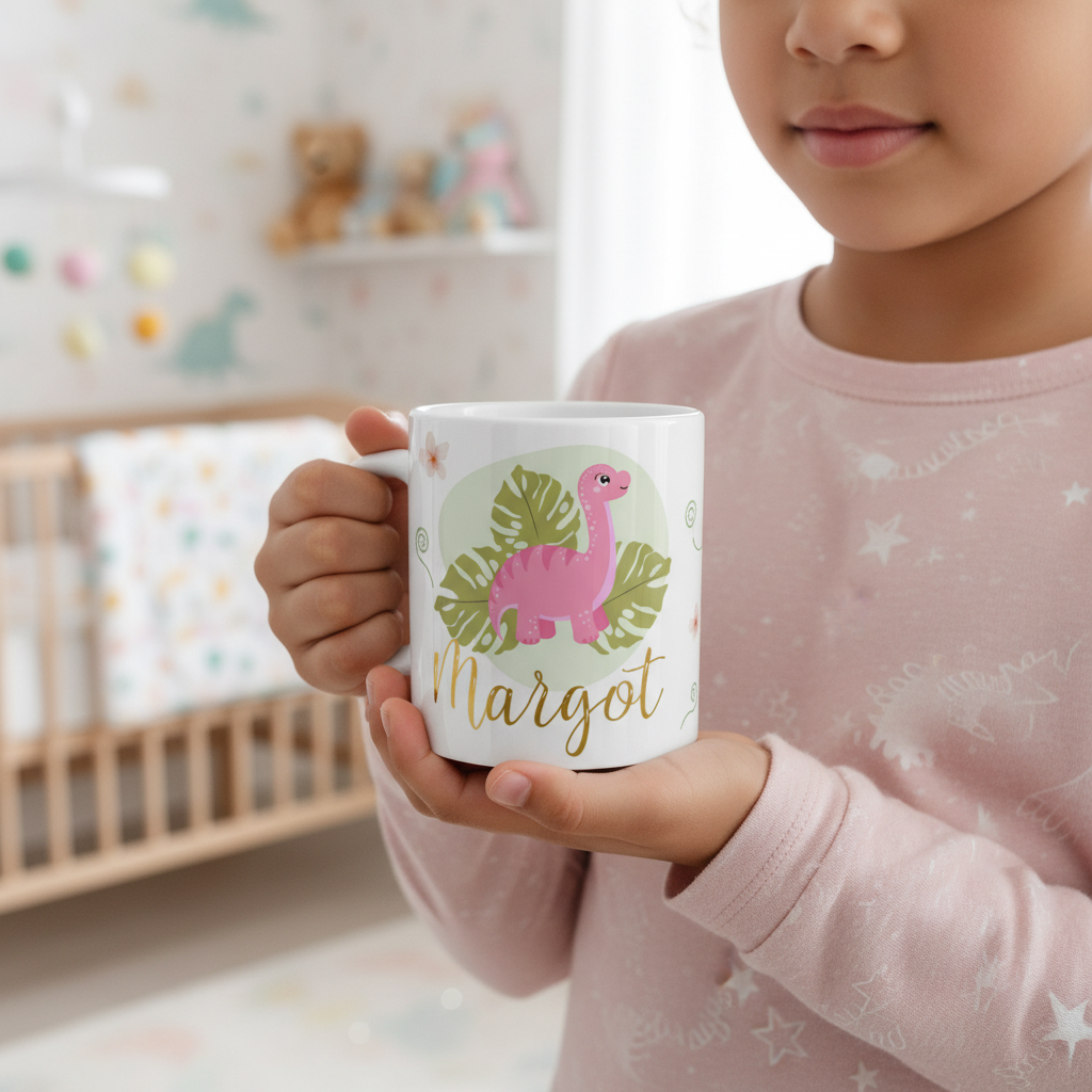 mug enfant personnalisé avec illustration de dinosaure rose tenu par un enfant