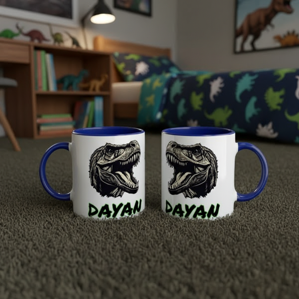 mug enfant dinosaure T-Rex illustration colorée avec poignée bleue dans une chambre enfant