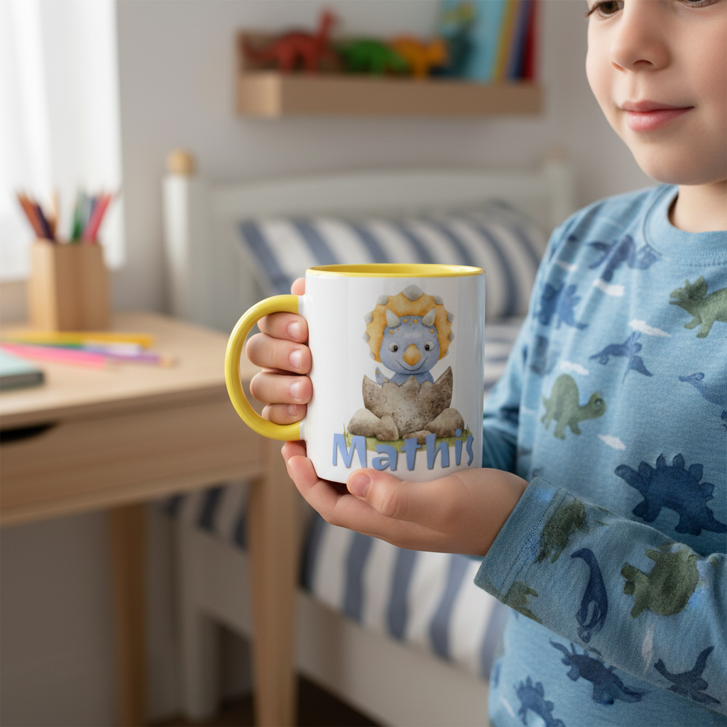 Mug enfant dinosaure personnalisé tenu par un enfant dans une chambre