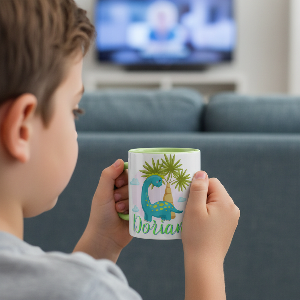Enfant tenant un mug dinosaure personnalisé dans un salon familial.