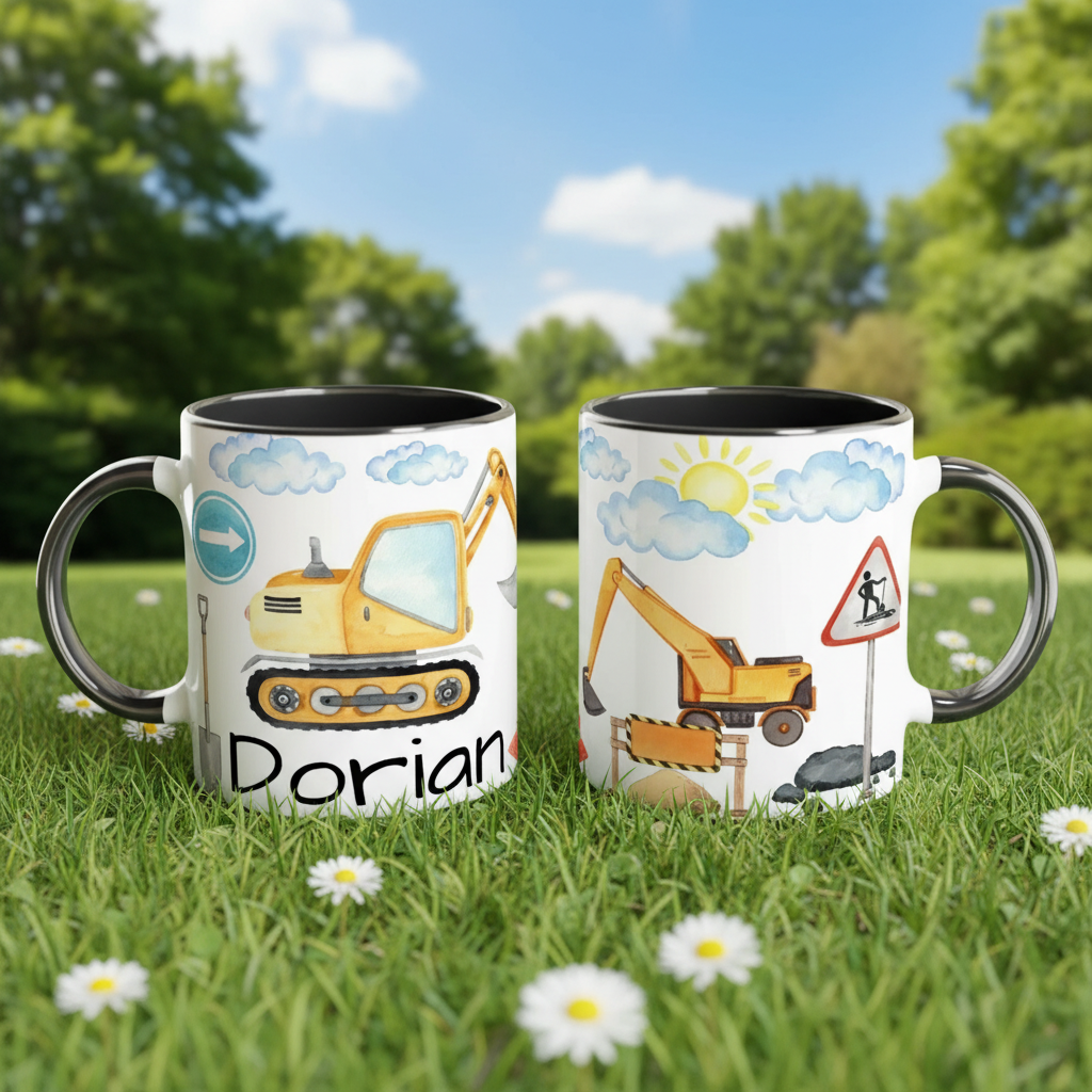 mug enfant avec illustrations d’engins de chantier posé dans l’herbe