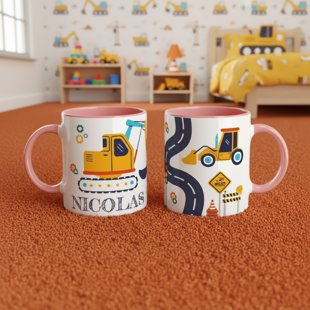 Mug enfant personnalisé avec engins de travaux et poignée rose
