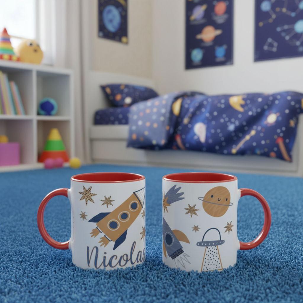Mugs personnalisés thème espace posés sur un tapis dans une chambre d’enfant