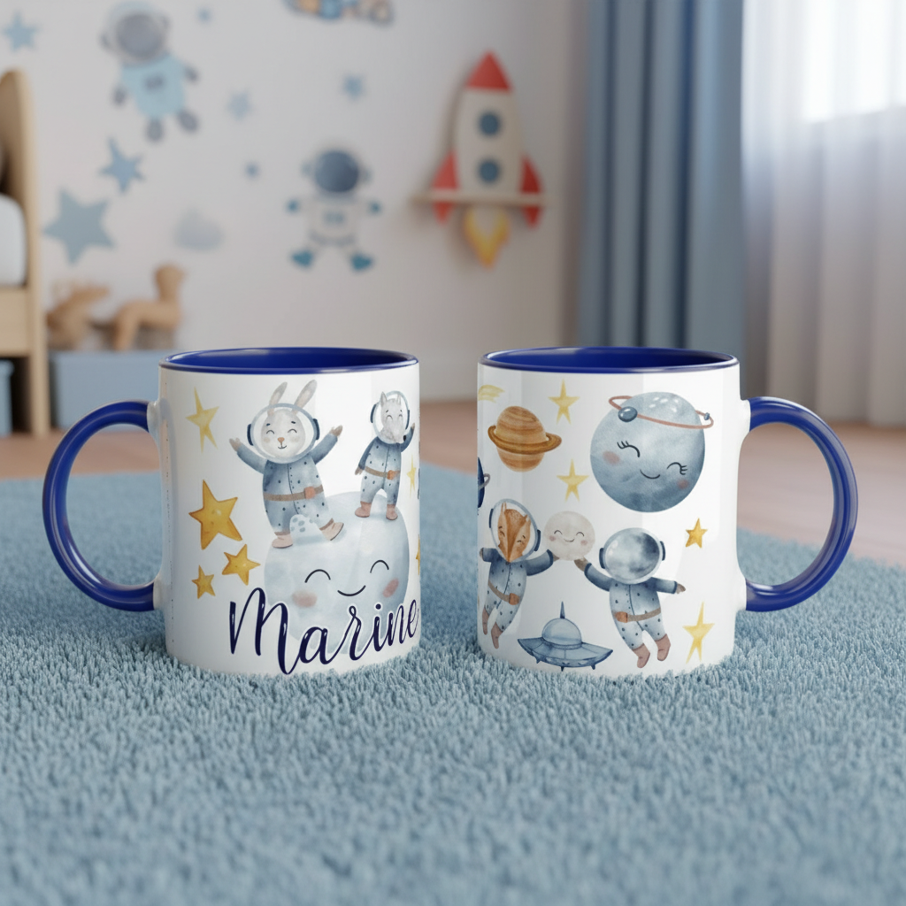 Mug enfant illustration espace avec astronautes et planètes colorées, anse bleue