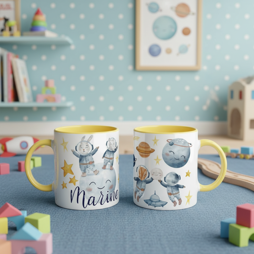 Mug enfant personnalisé thème espace avec astronautes et planètes, anse jaune