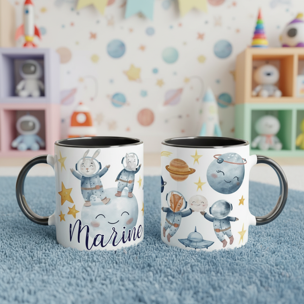 Mug enfant décor espace avec astronautes flottant dans l’univers, anse noire