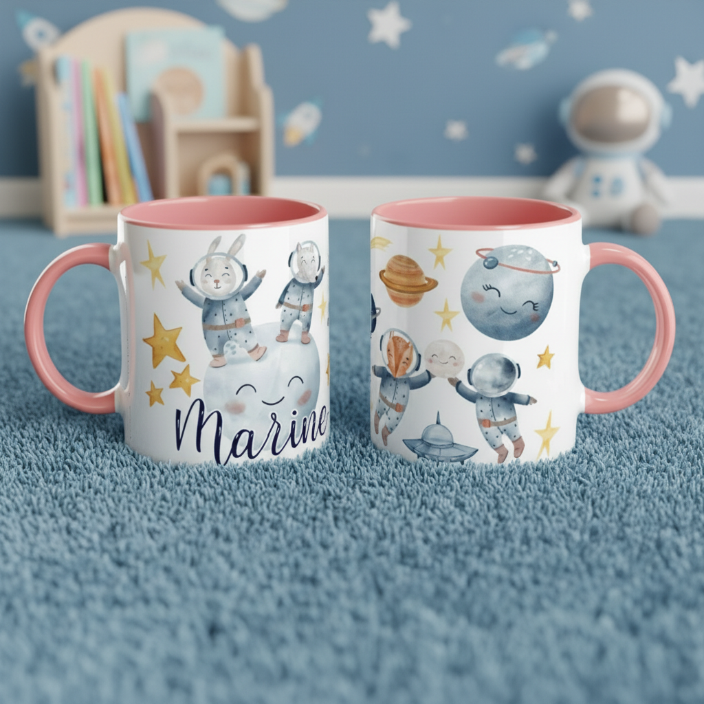 Mug enfant personnalisé univers spatial avec planètes et étoiles, anse rose
