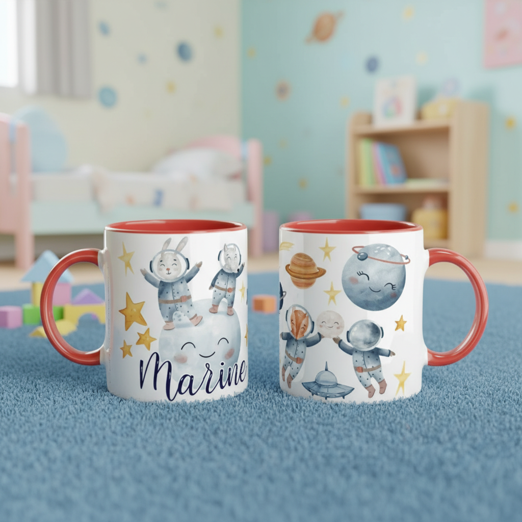 Mug enfant thème espace illustré avec astronautes et planètes, anse rouge