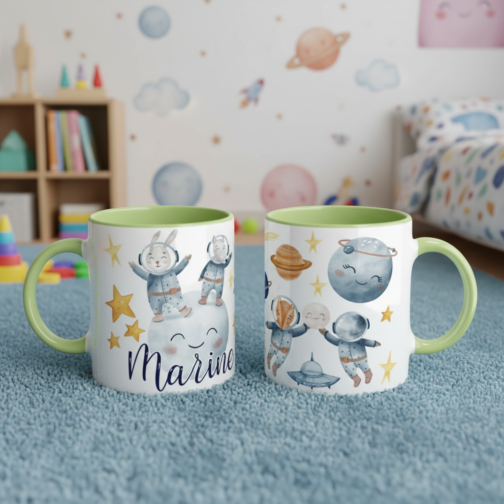 Mug enfant thème cosmos avec astronautes et vaisseaux spatiaux, anse verte