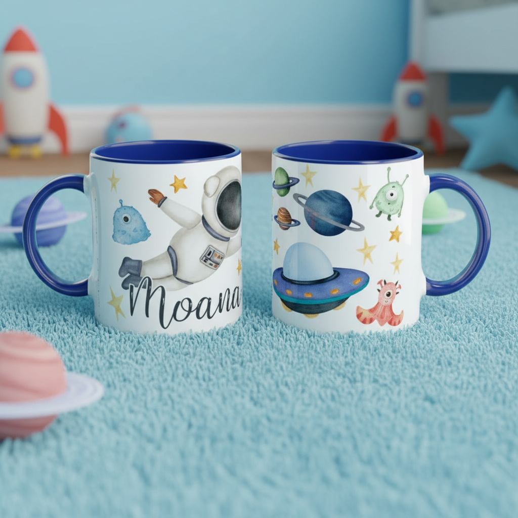 Mug enfant thème astronaute avec planètes et décor spatial