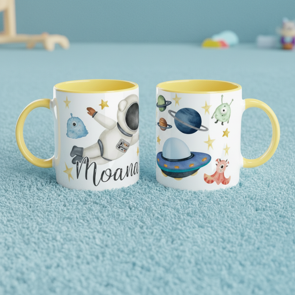Mug enfant personnalisé thème espace avec astronaute et planètes, poignée jaune