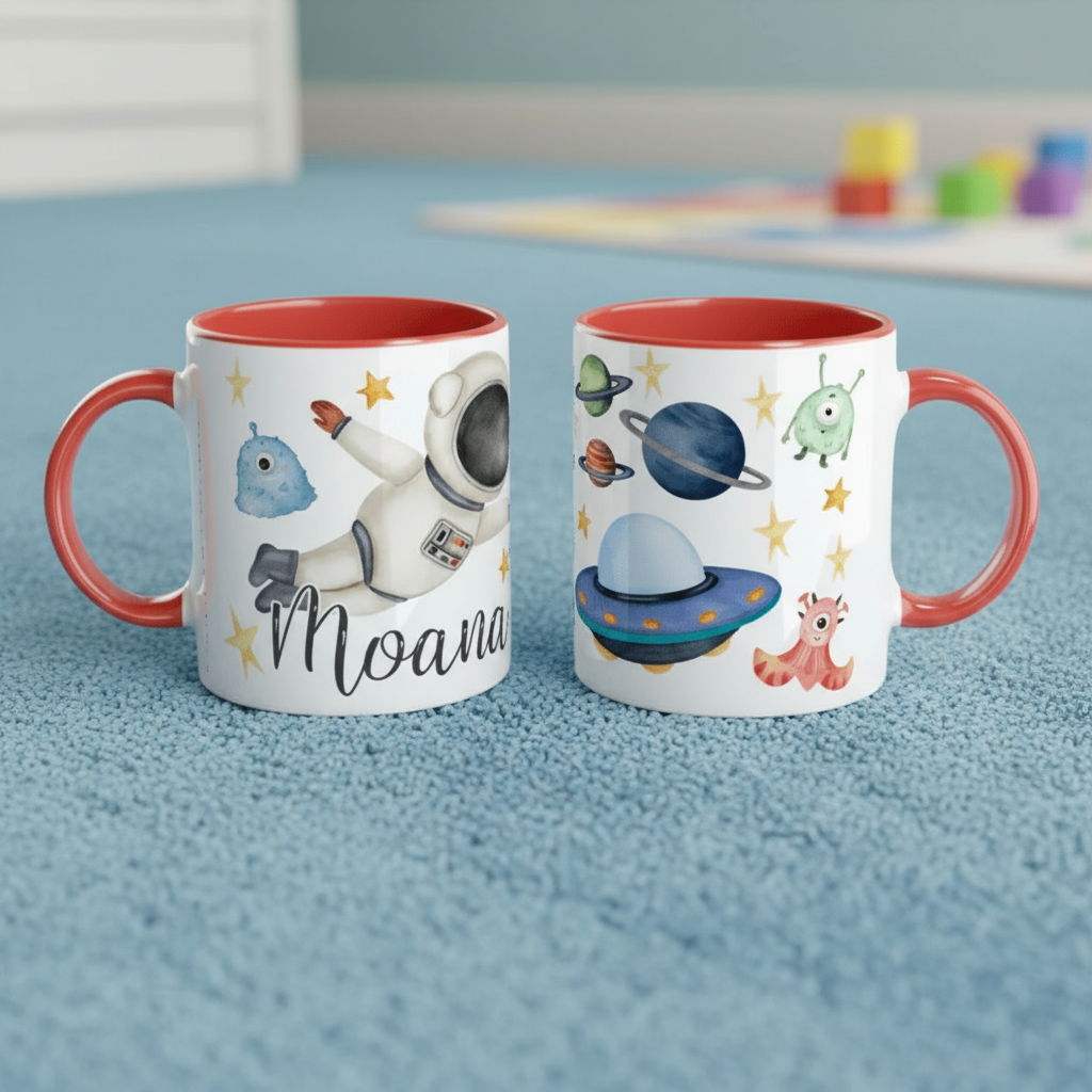 Mug enfant personnalisé espace avec astronaute et soucoupe volante