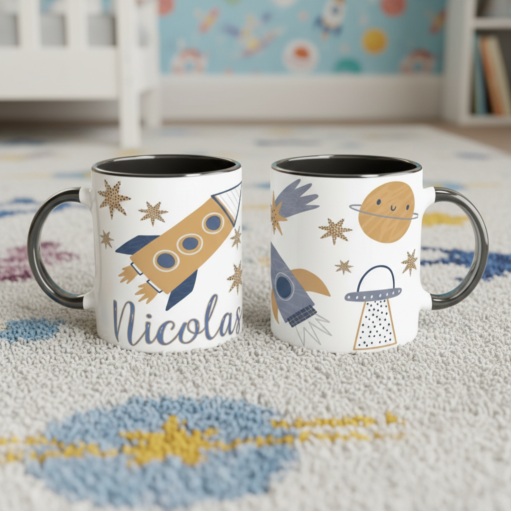 Mugs personnalisés pour enfant avec illustrations espace devant un décor galaxie