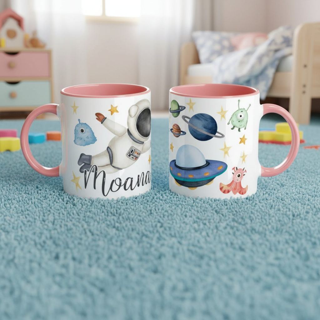 Mug enfant personnalisé espace avec planètes, fusée et extraterrestres
