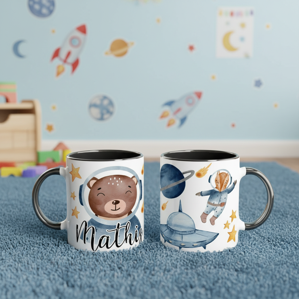 Mug enfant décoré de planètes, fusée et astronaute dans un univers spatial