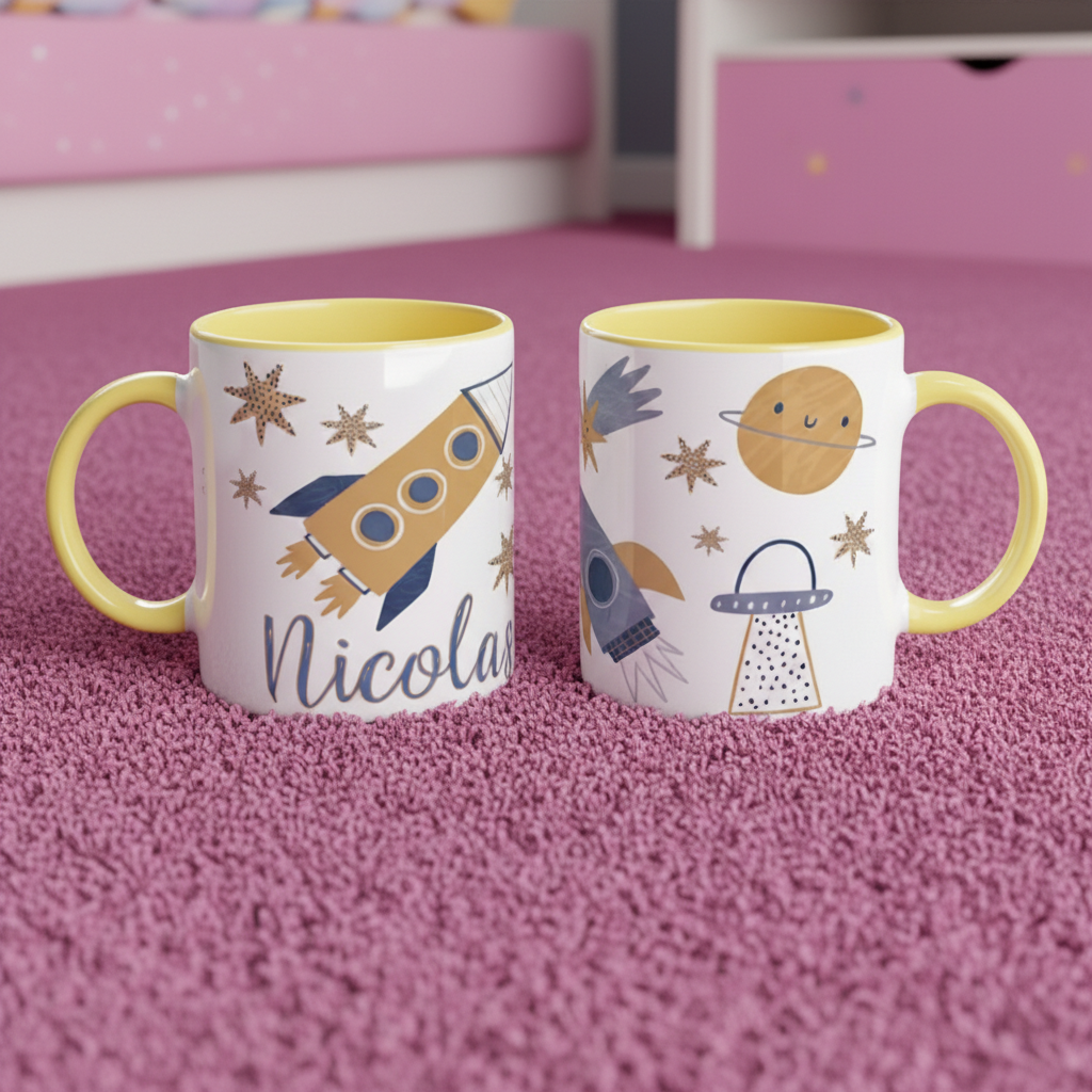 Mug personnalisé pour enfant thème espace avec poignée jaune posé sur un tapis