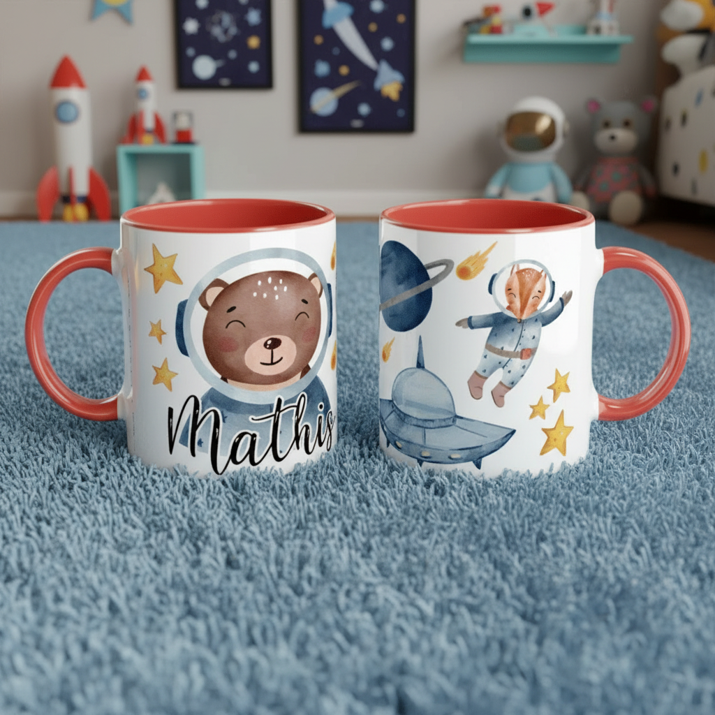 Mug enfant personnalisé avec vaisseau spatial et personnage astronaute