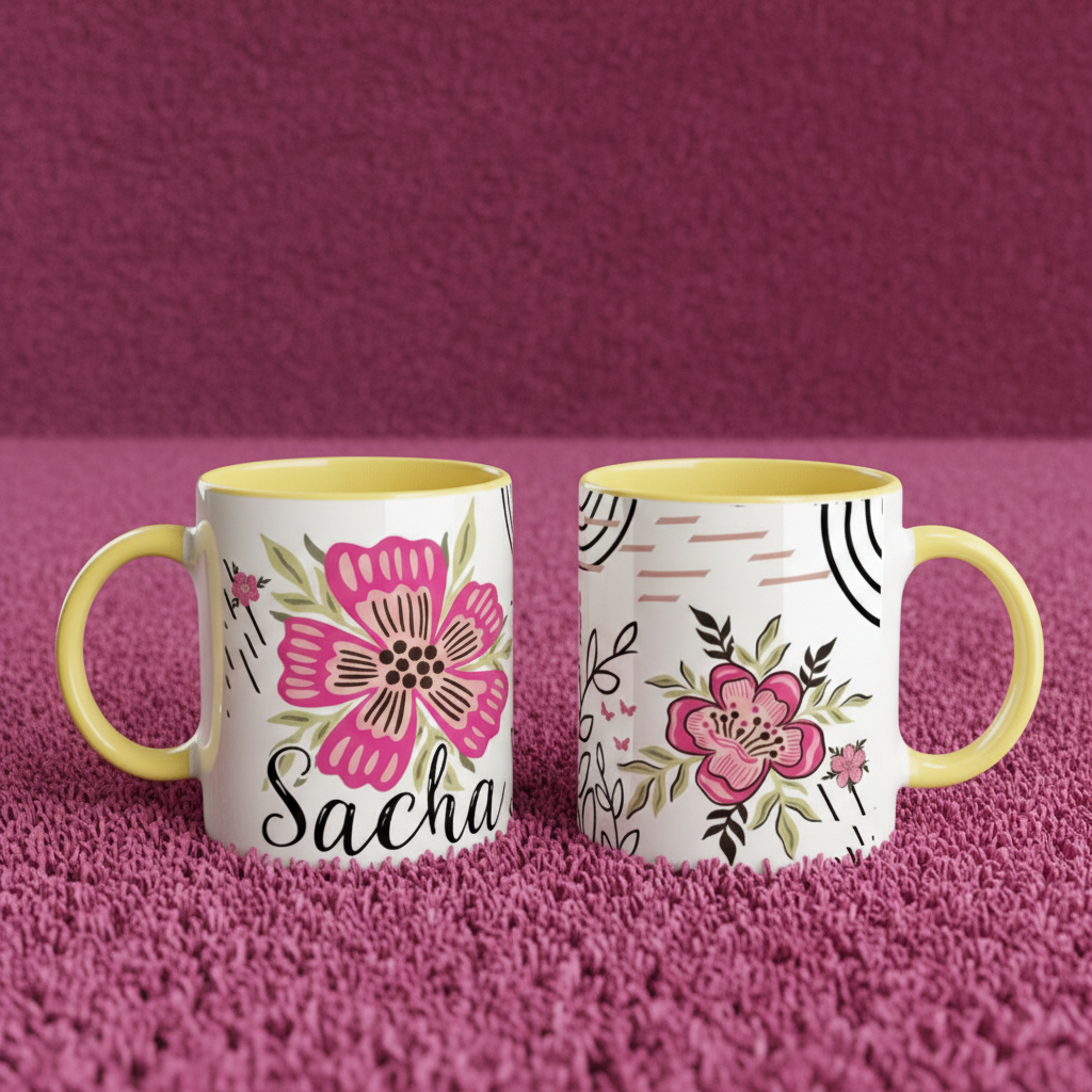 Mug personnalisé enfant décor fleur bohème avec poignée jaune, mise en situation studio