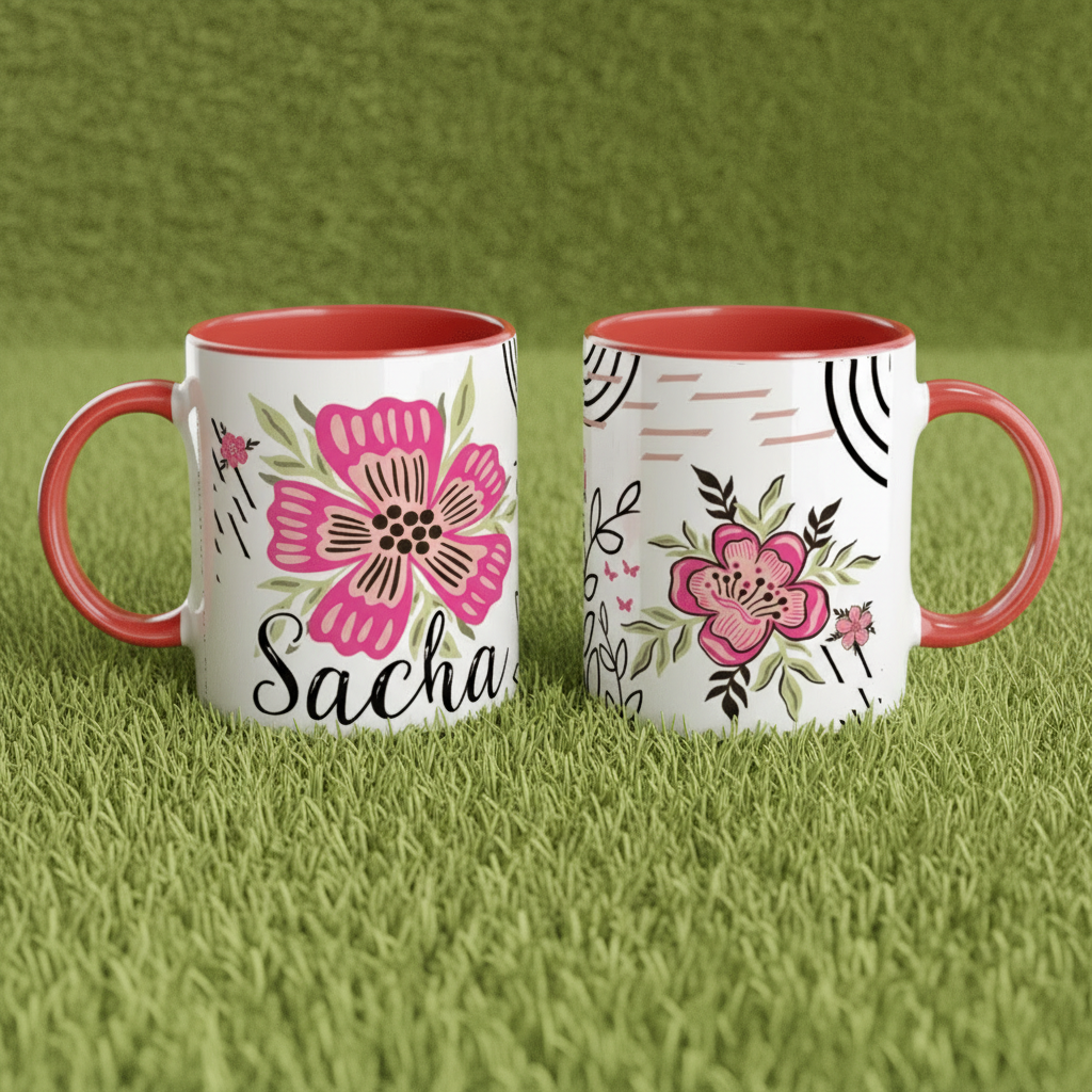Mug personnalisé pour enfant illustration fleur bohème avec poignée rouge, posé sur fond vert
