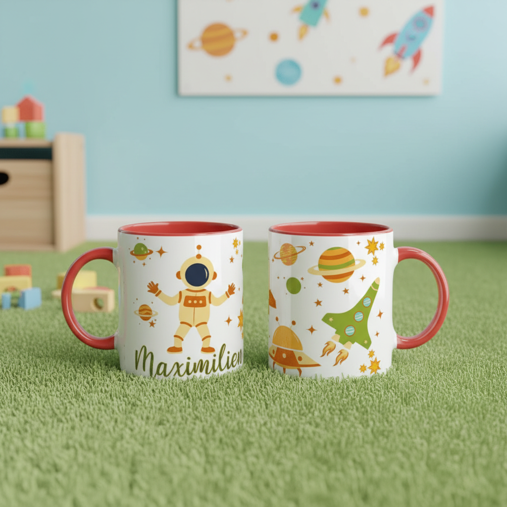 mug enfant personnalisé astronaute posé dans une chambre décorée