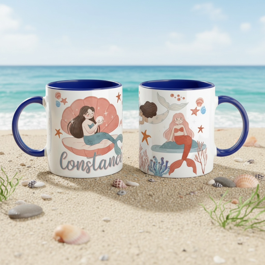Mug personnalisé enfant avec illustration sirène et poignée bleue