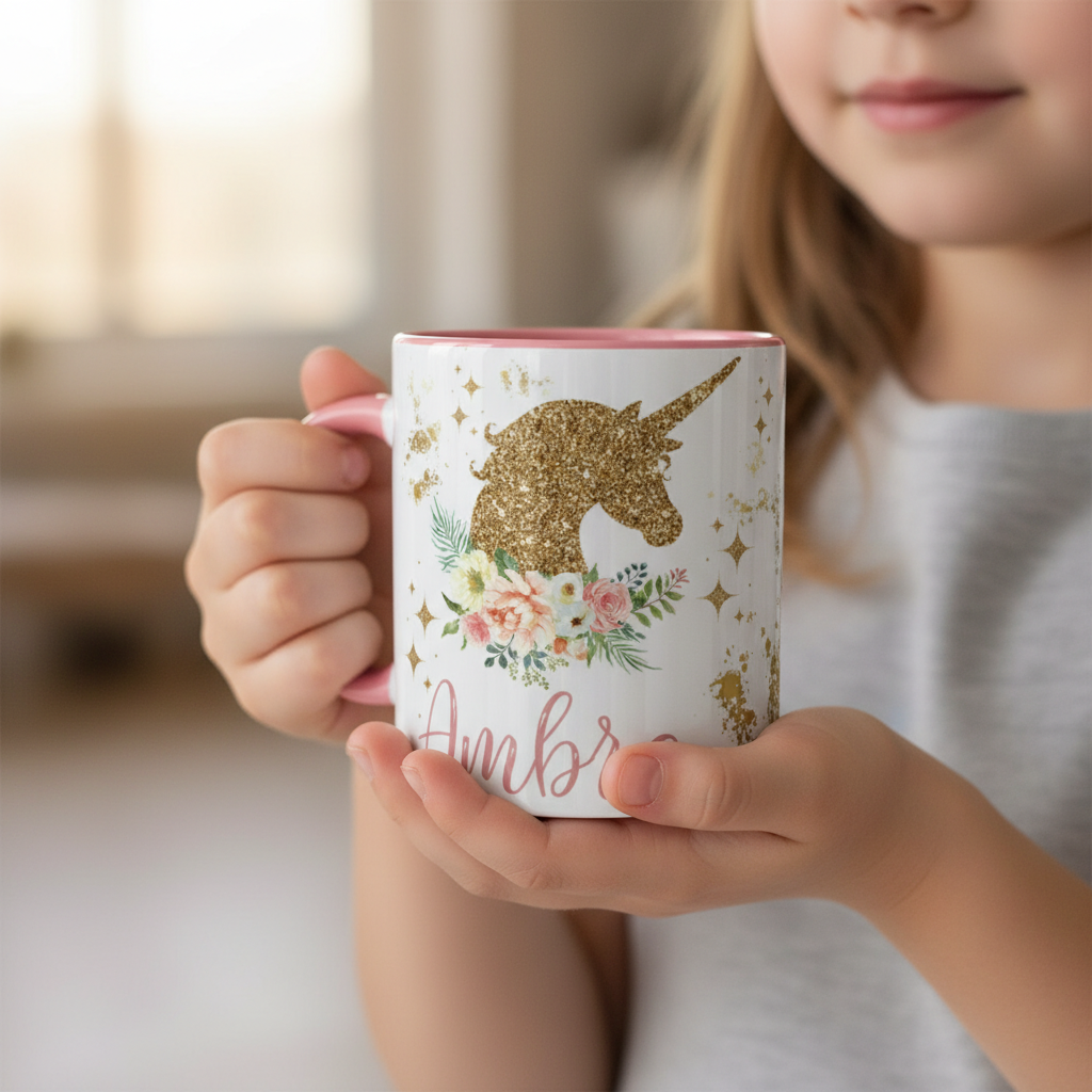 enfant tenant un mug en céramique décor licorne pour boisson chaude