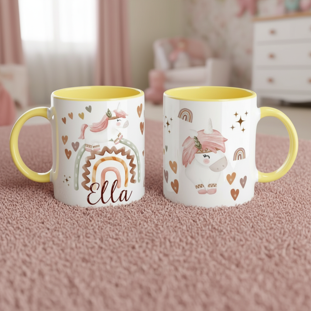 mug enfant licorne posé dans une chambre décorée