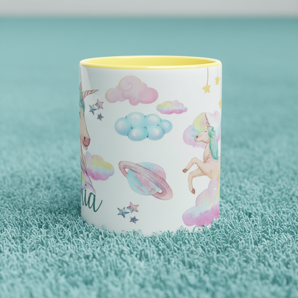 Détail de l’illustration licorne sur mug enfant personnalisé