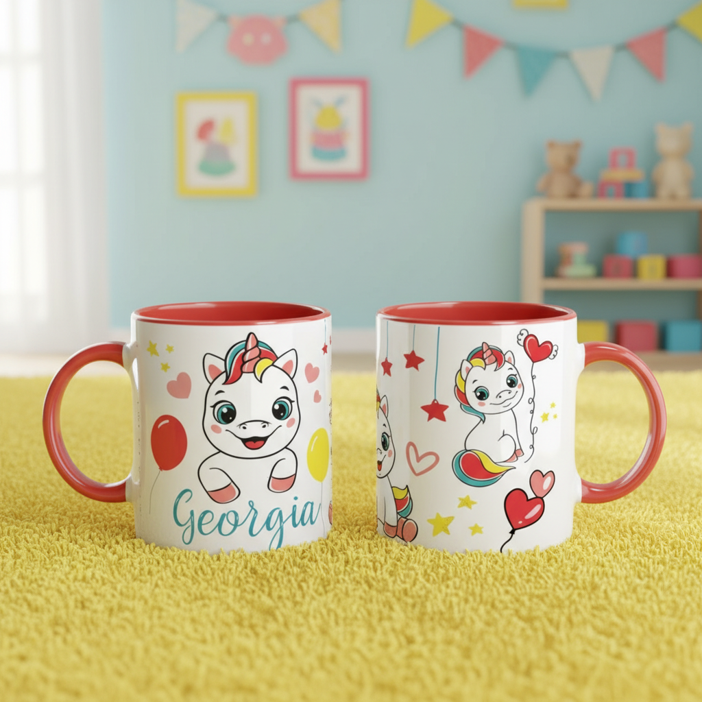 Mug enfant licorne personnalisé présenté comme cadeau pour enfant dans un univers ludique