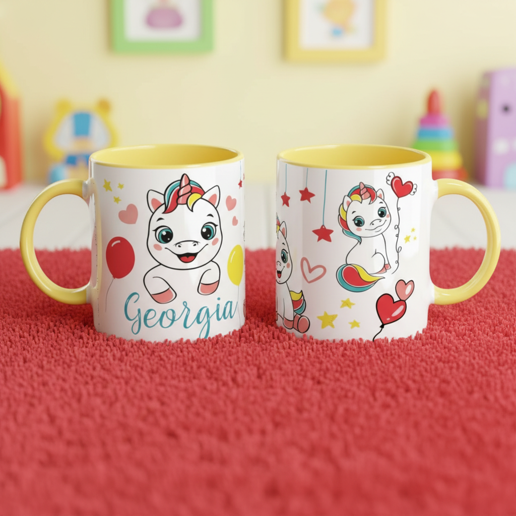 Mug enfant licorne en céramique avec intérieur jaune et illustration festive, posé sur tapis enfant
