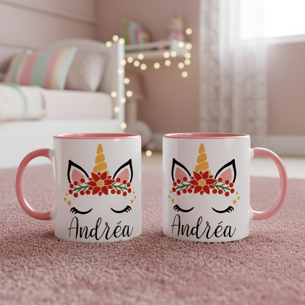 mug licorne de noël personnalisé avec anse et intérieur roses