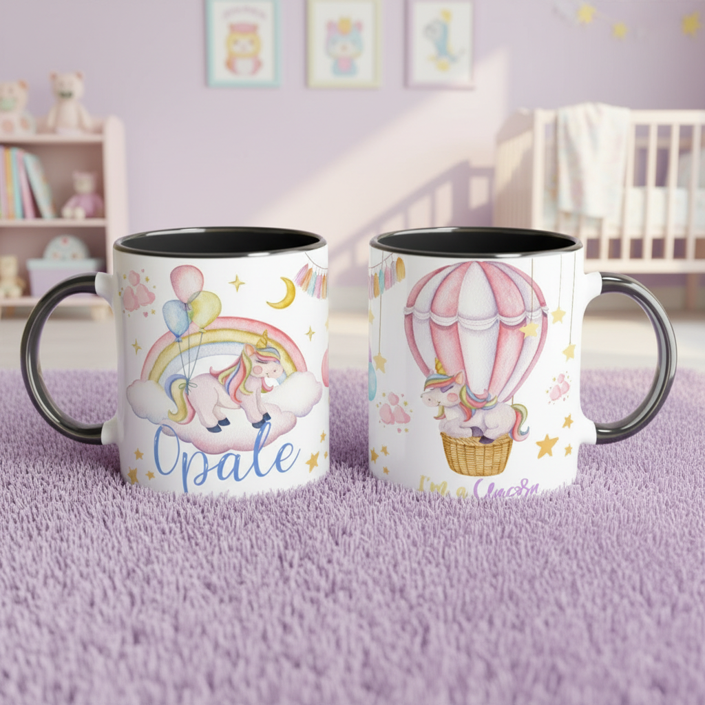 Mug enfant en céramique avec licorne illustrée et intérieur noir dans un univers enfant