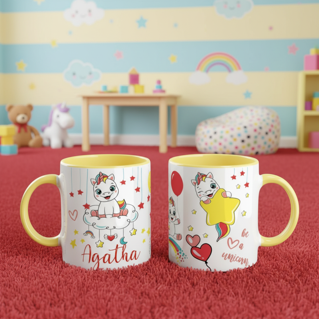 mug enfant licorne personnalisable posé sur tapis rouge avec décor enfant