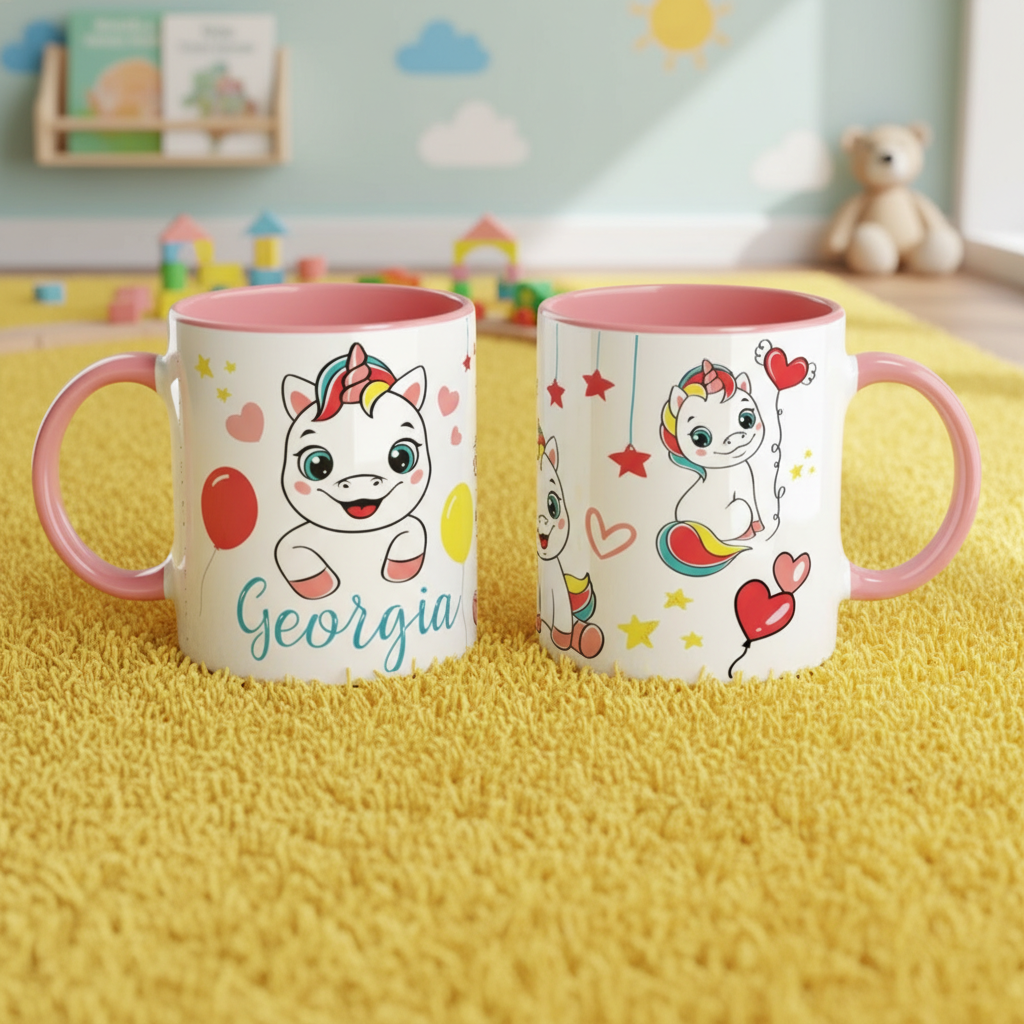 Mug enfant personnalisé en céramique avec illustration licorne, intérieur rose, posé dans une chambre enfant décorée
