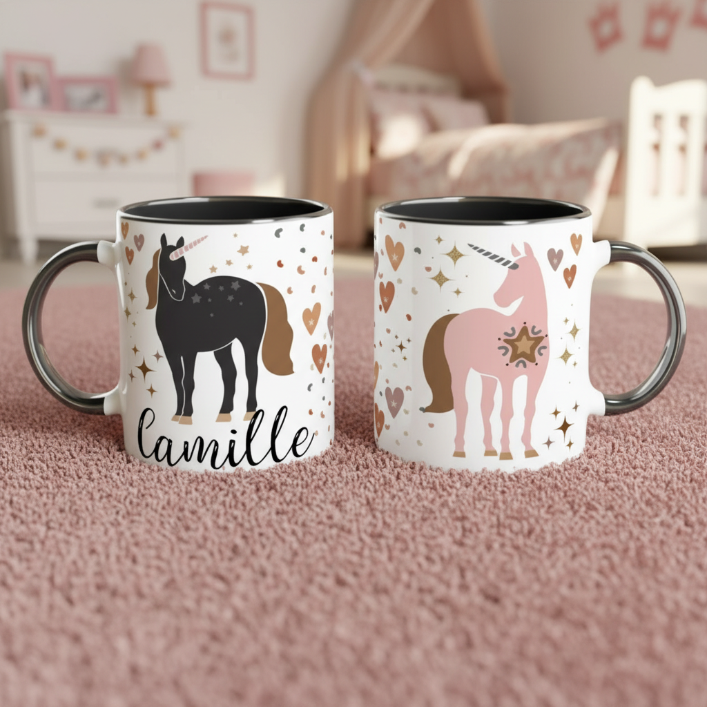 mug enfant licorne personnalisé avec illustration féerique et couleurs douces