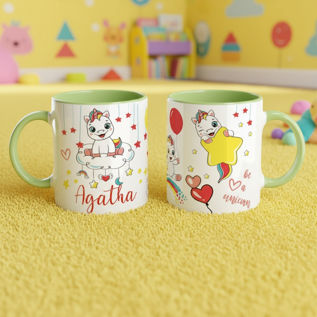 mug enfant licorne personnalisé avec poignée verte dans chambre enfant