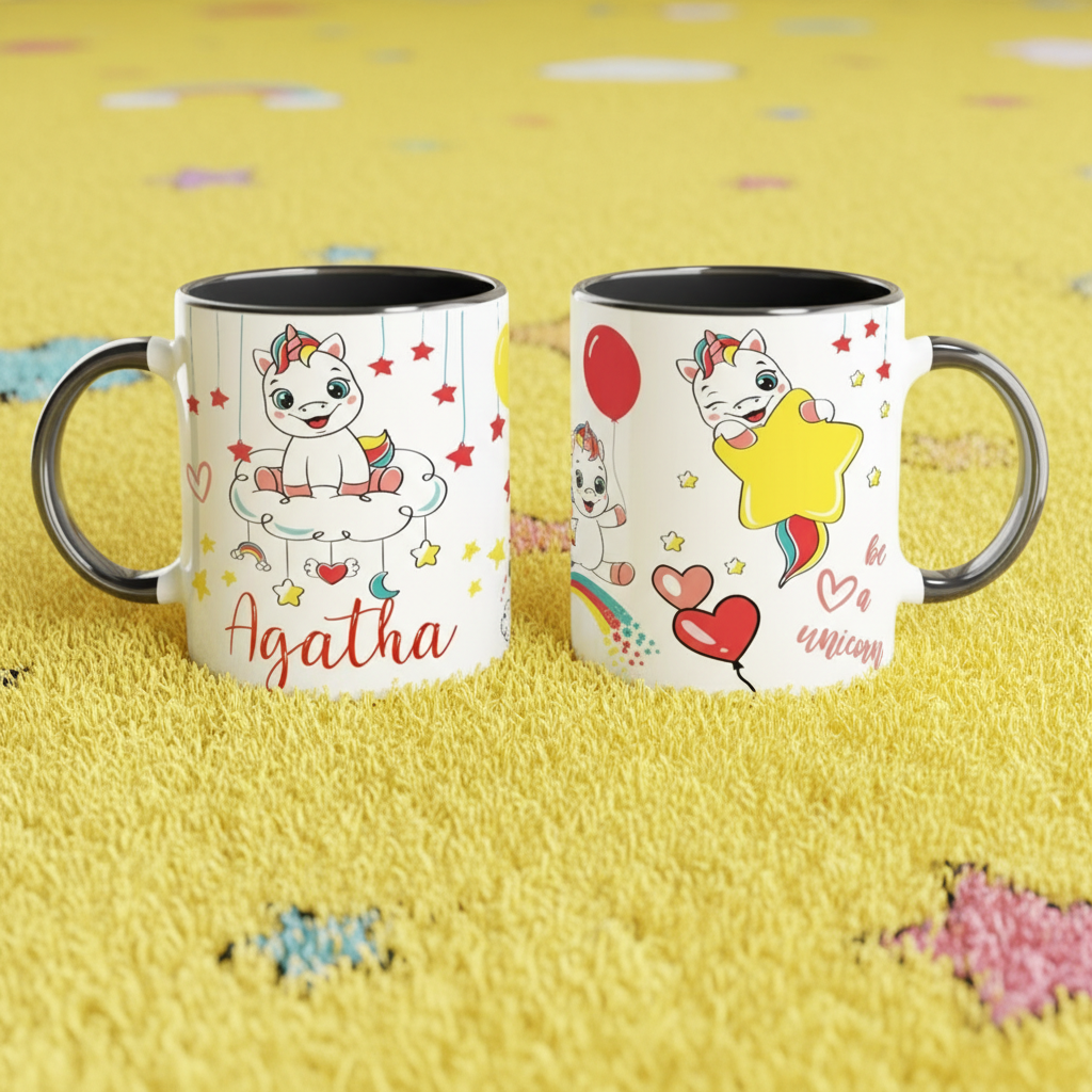 mug enfant motif licorne avec poignée noire posé sur tapis jaune