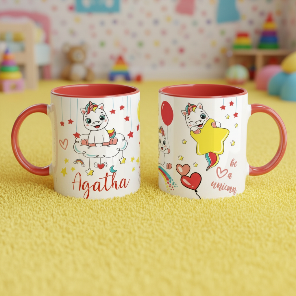 mug enfant licorne avec poignée rouge et illustrations étoiles