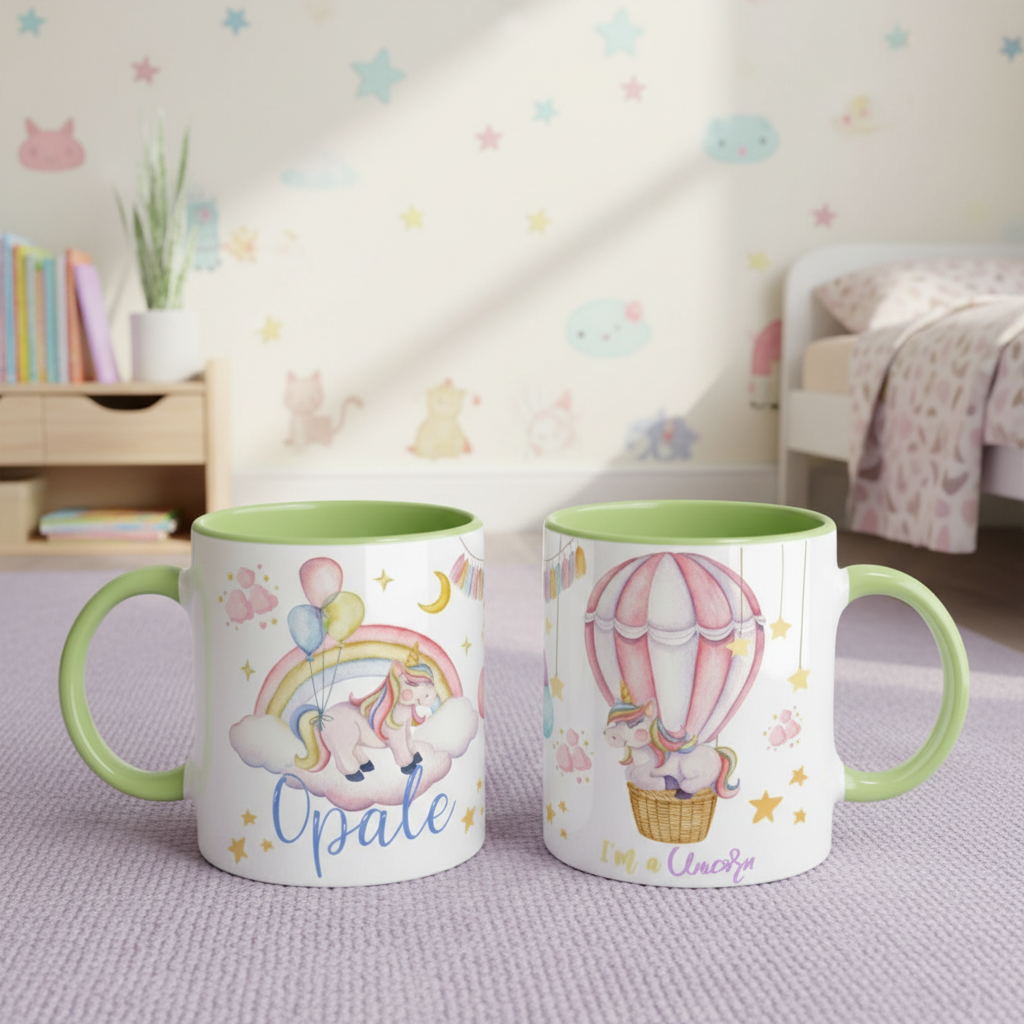 Mug enfant licorne avec intérieur vert et illustrations pastel sur fond doux