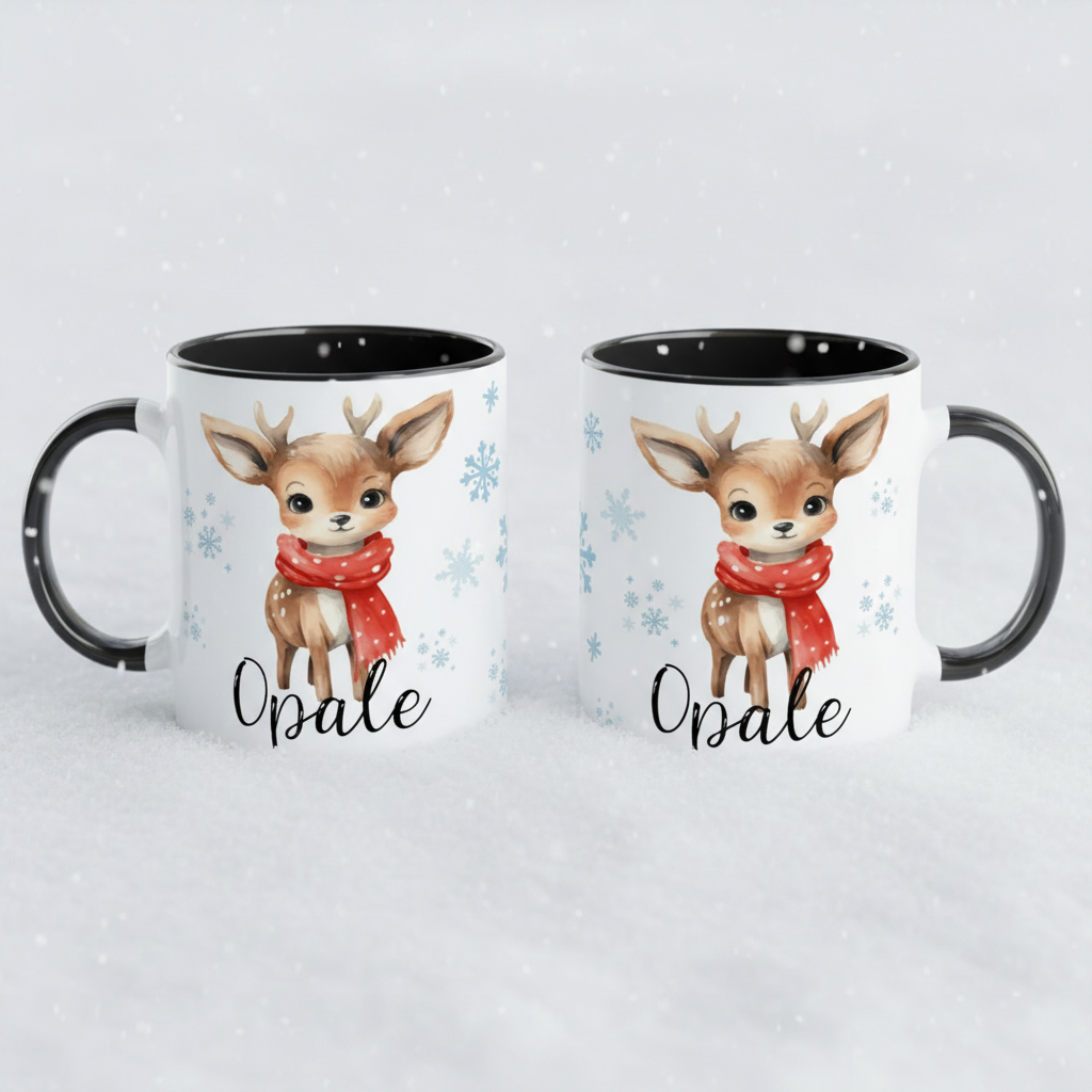 mug enfant personnalisé Noël avec renne illustré dans la neige