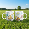 Mug personnalisé enfant avec illustration de pelleteuse sur pelouse.
